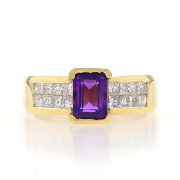 Yellow Gold Amethyst & Diamond Ring - 18k Emerald Cut 1.68ctw